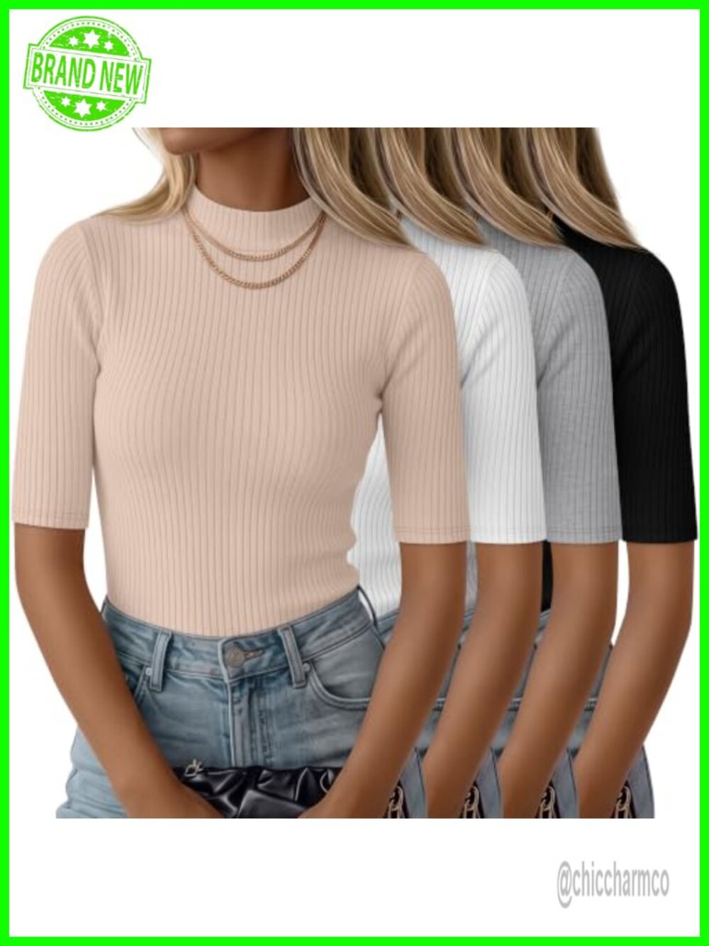 Huukeay 4 Pack Women's Mock Turtleneck Half Sleeve Tops Ribbed Slim Fit T-Shirts